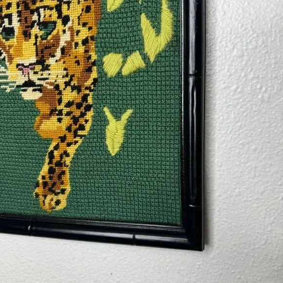 Vintage Leopard Needlepoint Black Bamboo Type Frame Green Hollywood Regency Art - Picture 2 of 16